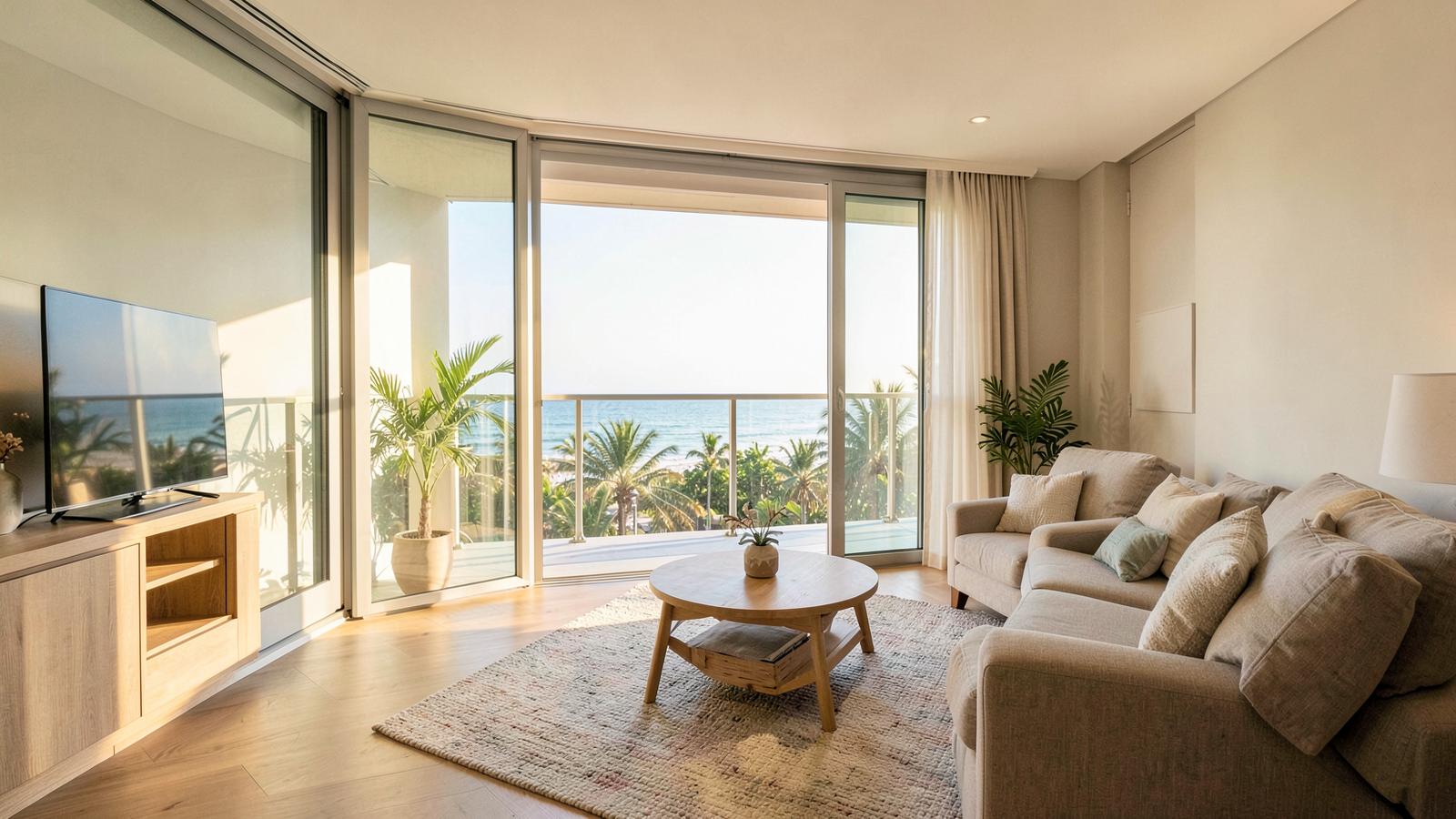 Bright coastal apartment living room filmed for a property walkthrough
